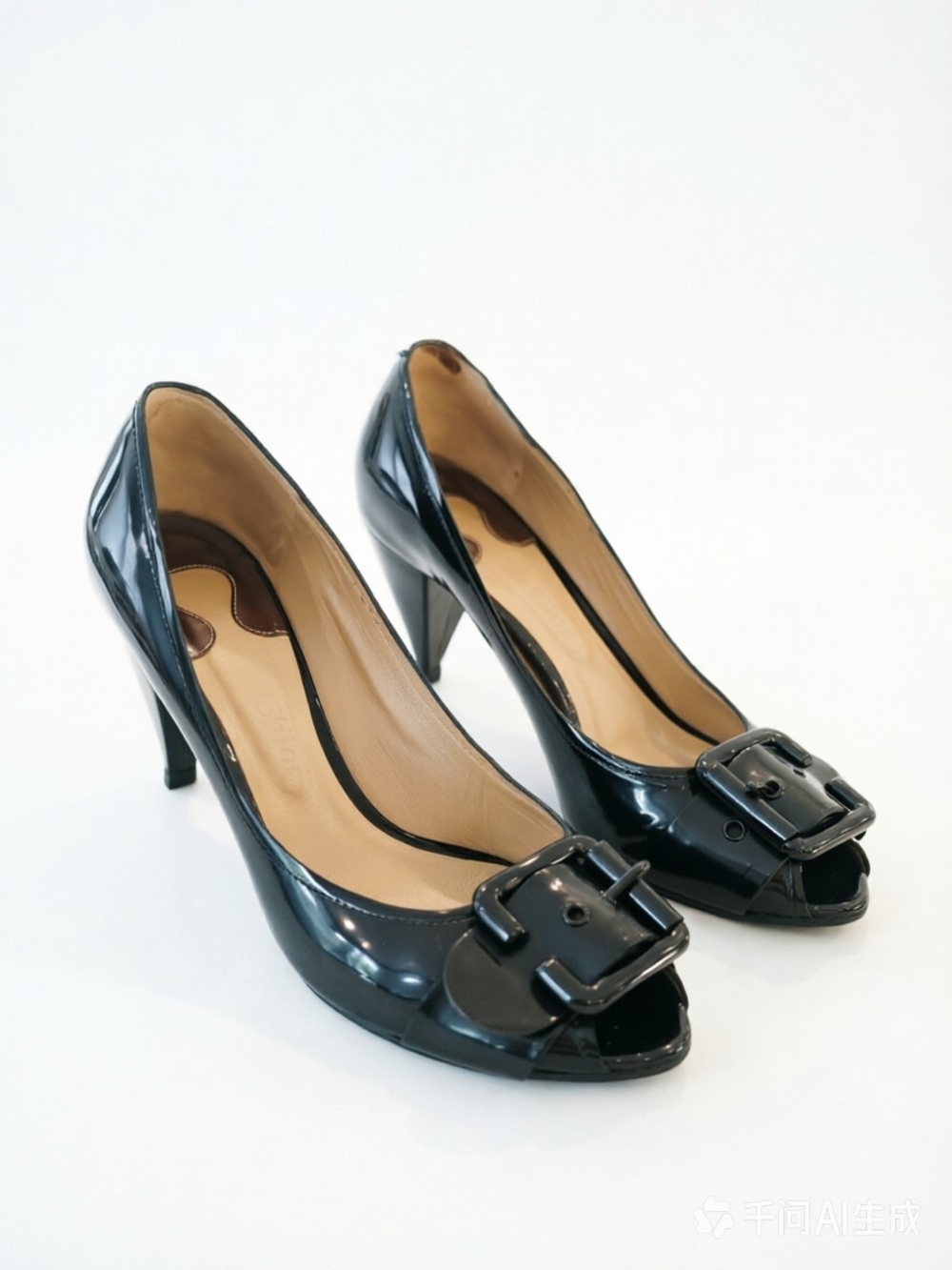 Chloe  Black Patent Peep-Toe Heels with Buckle Accent